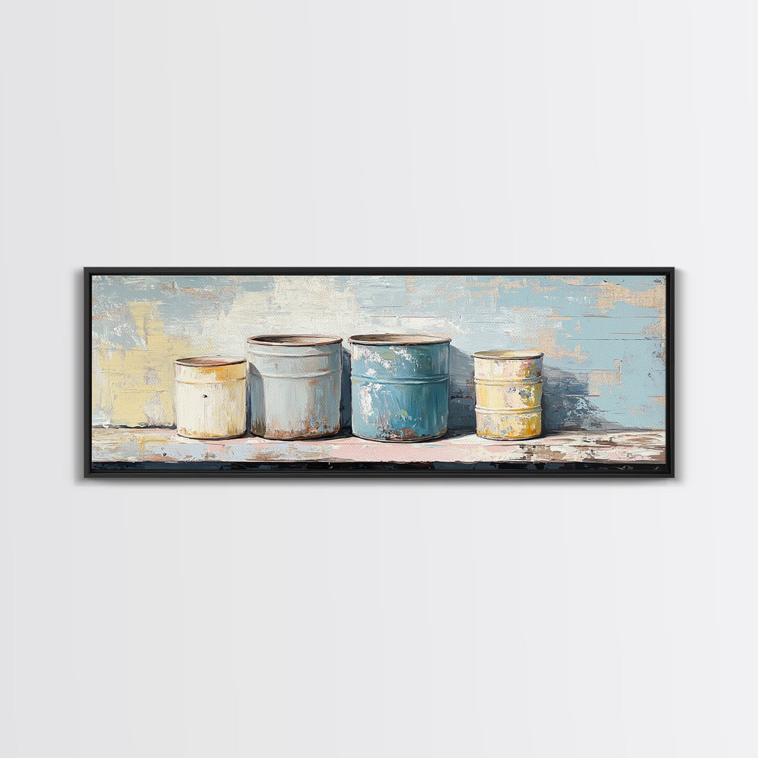 Weathered Paint Cans Still Life Wall Art, Rustic Studio Decor, Industrial Canvas Print, Blue Neutral Workshop Wall Decor Gift