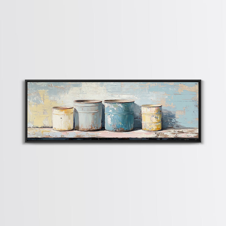 Weathered Paint Cans Still Life Wall Art, Rustic Studio Decor, Industrial Canvas Print, Blue Neutral Workshop Wall Decor Gift