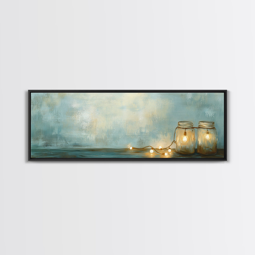 Glowing Mason Jar Lights Canvas Print, Cozy Farmhouse Wall Decor, Rustic Home Decor, Bedroom Art, Housewarming Gift For Her