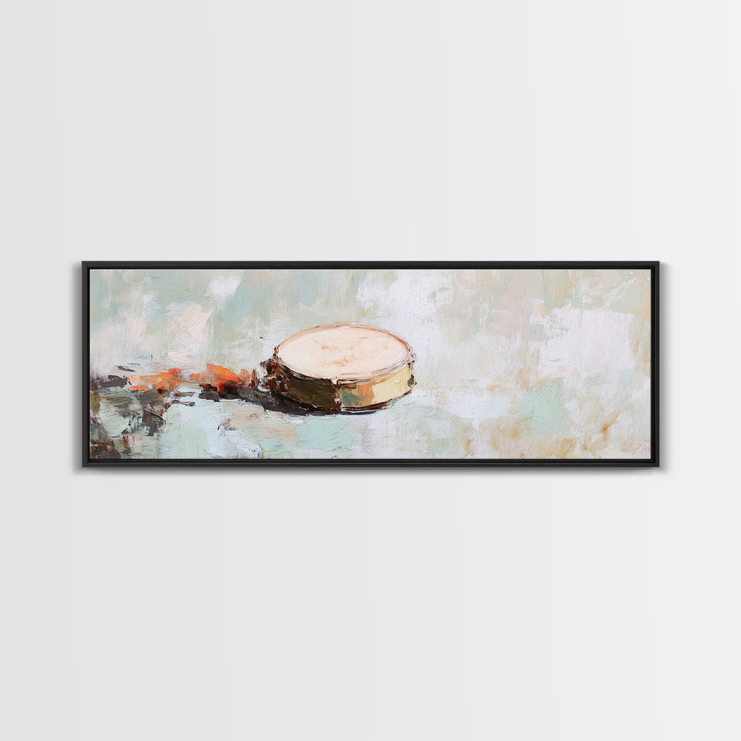 Rustic Hand Drum Framed Canvas Print, Boho Music Wall Art, Earth Tone Instrument Decor, Textured Contemporary Painting Print