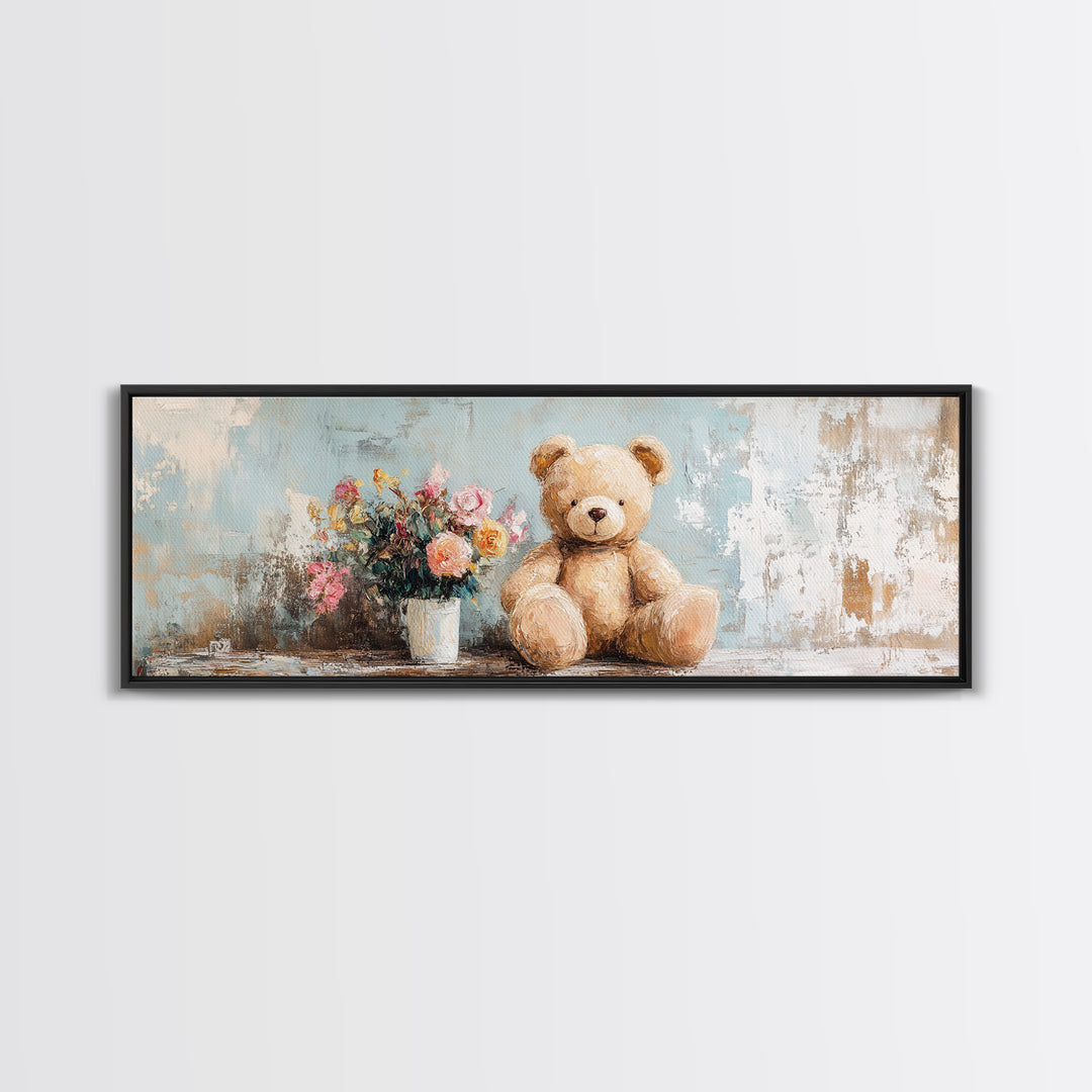 Teddy Bear With Flower Vase Canvas Print, Nursery Wall Art, Whimsical Kids Room Decor, Baby Shower Gift, Cute Animal Art