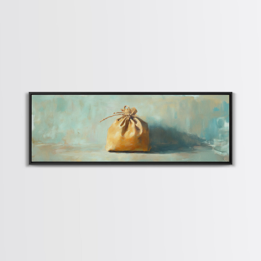 Small Burlap Drawstring Bag Canvas Print, Minimalist Wall Art, Rustic Home Decor, Neutral Still Life, Cozy Farmhouse Kitchen Art