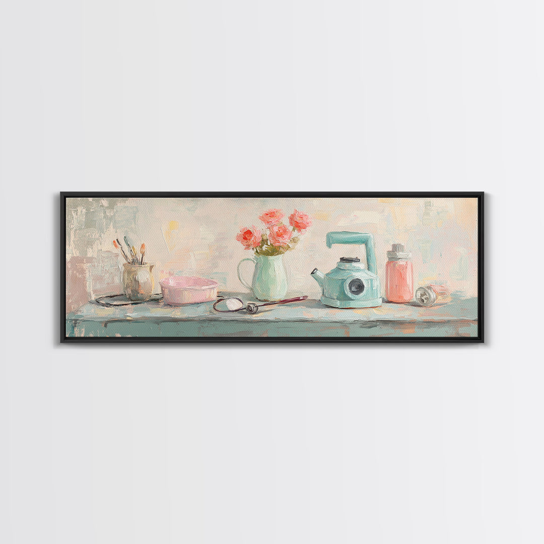 Pastel Vanity Shelf With Flowers Framed Canvas Print, Feminine Bathroom Wall Art, Beauty Room Decor, Gift For Her, Girly Decor
