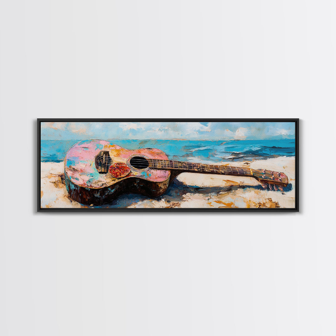 Weathered Acoustic Guitar On Beach Canvas Print, Coastal Wall Art, Music Room Decor, Ocean Art Print, Gift For Guitar Lover