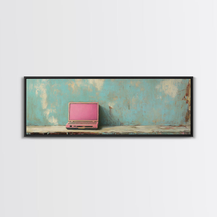 Pink Retro Laptop On Teal Shelf Wall Art, Minimalist Office Decor, Tech Art Print, Dorm Room Decor, Modern Wall Decor Gift