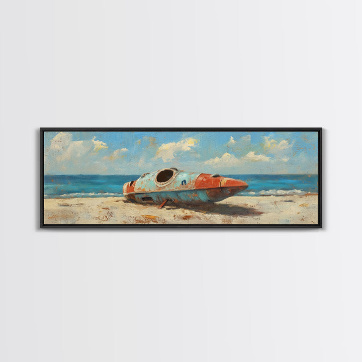 Retro Space Capsule On Beach Canvas Print, Coastal Sci Fi Wall Decor, Space Wall Art, Ocean Decor, Gift For Him, Beach House Decor