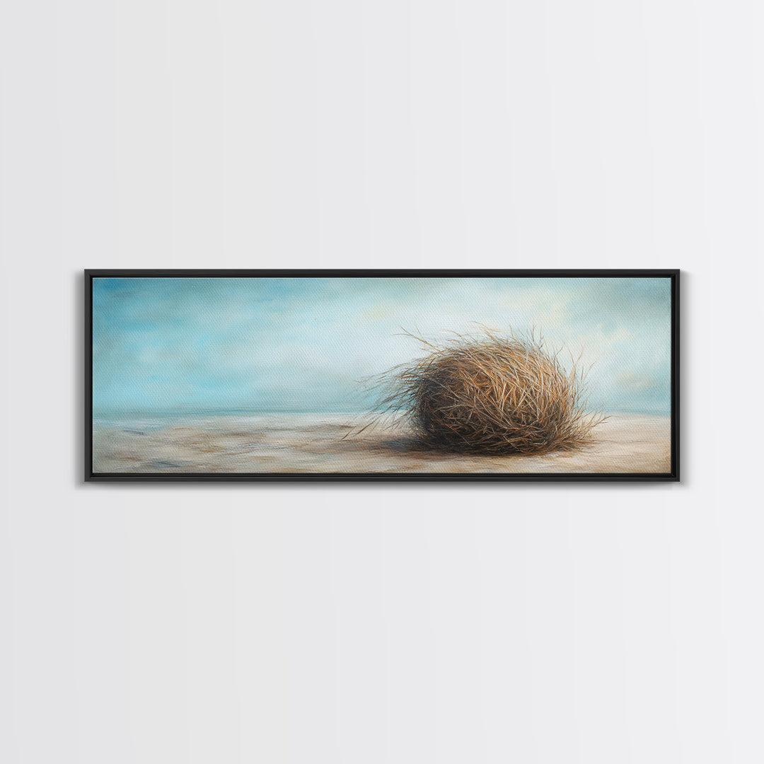 Coastal Tumbleweed On Sandy Shore Canvas Print, Neutral Beach Wall Art, Seascape Decor, Calm Ocean Landscape Painting Gift