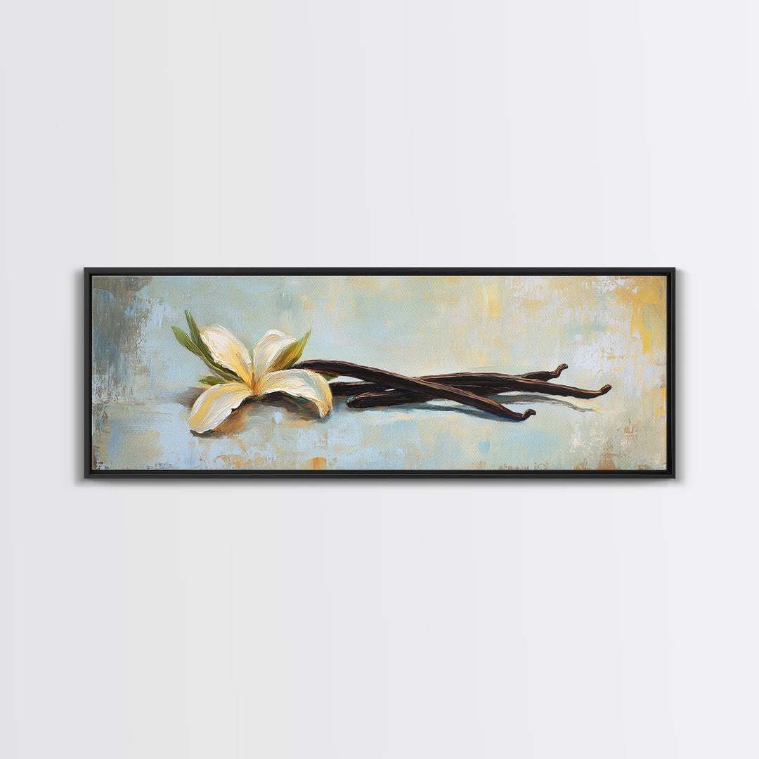 Vanilla Blossom And Bean Pods Framed Canvas Print, Kitchen Wall Art, Botanical Decor, Minimalist Food Art Print Gift For Her