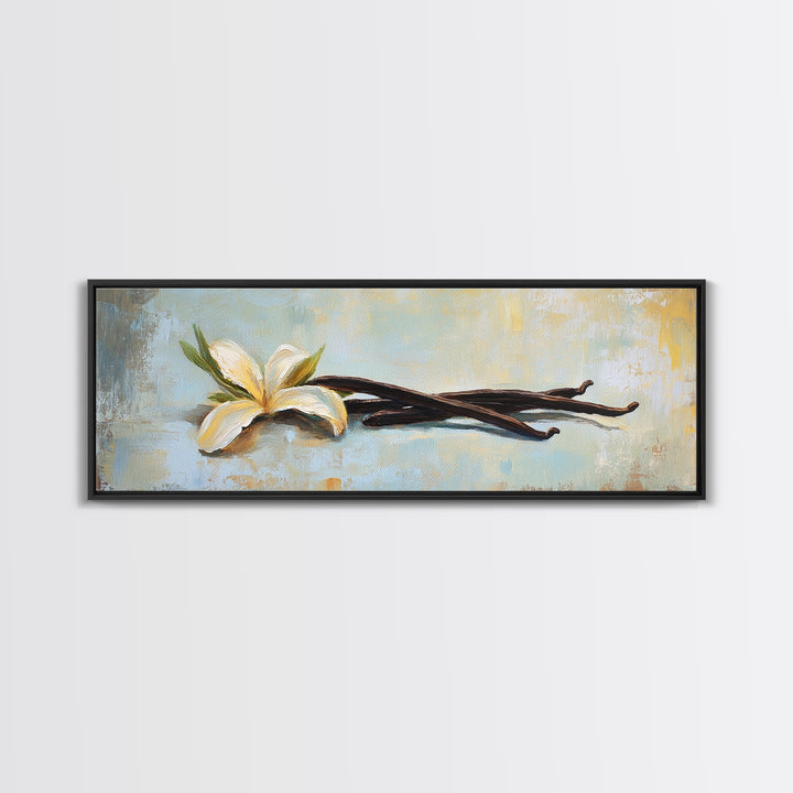 Vanilla Blossom And Bean Pods Framed Canvas Print, Kitchen Wall Art, Botanical Decor, Minimalist Food Art Print Gift For Her