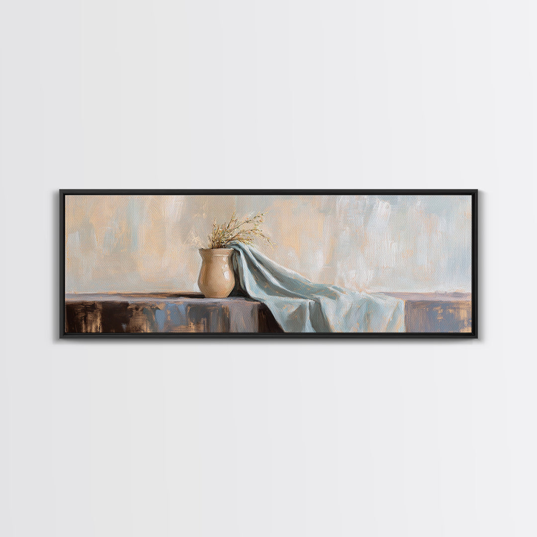 Beige Vase With Dried Grass And Blue Draped Cloth Wall Art, Wabi Sabi Canvas Print, Neutral Home Decor For Living Room Gift