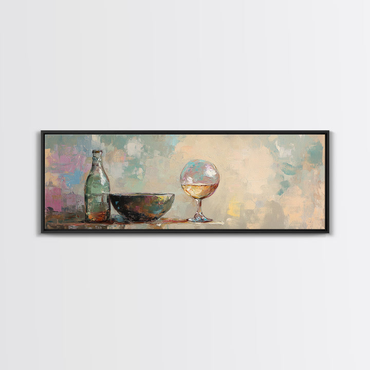 Bottle Bowl And Wine Glass Still Life Canvas Print, Modern Kitchen Wall Art, Dining Room Decor, Neutral Home Decor Gift For Her