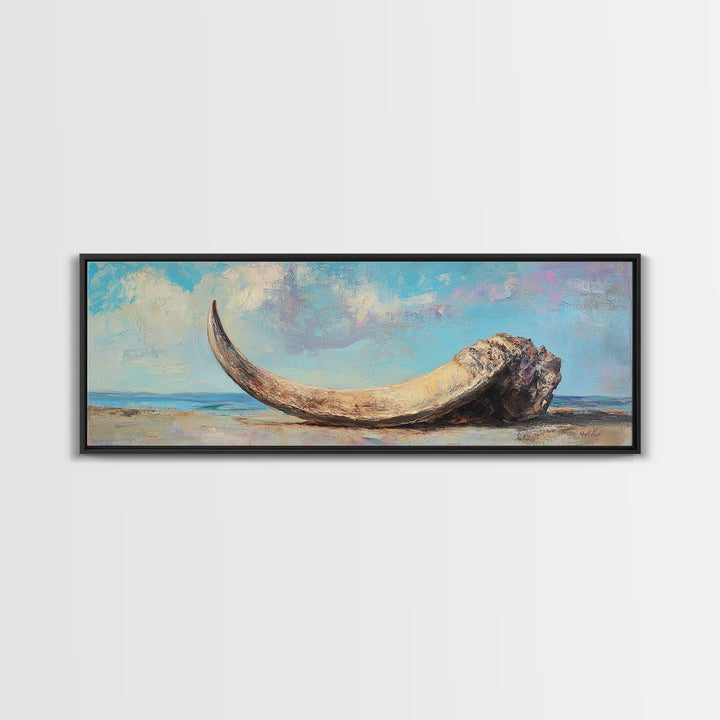 Weathered Ivory Tusk On Shore Canvas Print, Coastal Wall Art, Rustic Beach House Decor, Nautical Long Horizontal Living Room Art
