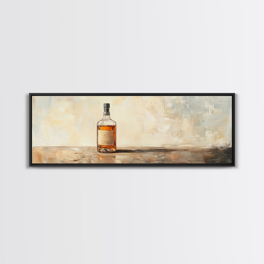 Amber Whiskey Bottle Still Life Framed Canvas Print, Bar Wall Art, Rustic Home Bar Decor, Masculine Man Cave Whiskey Lover Gift