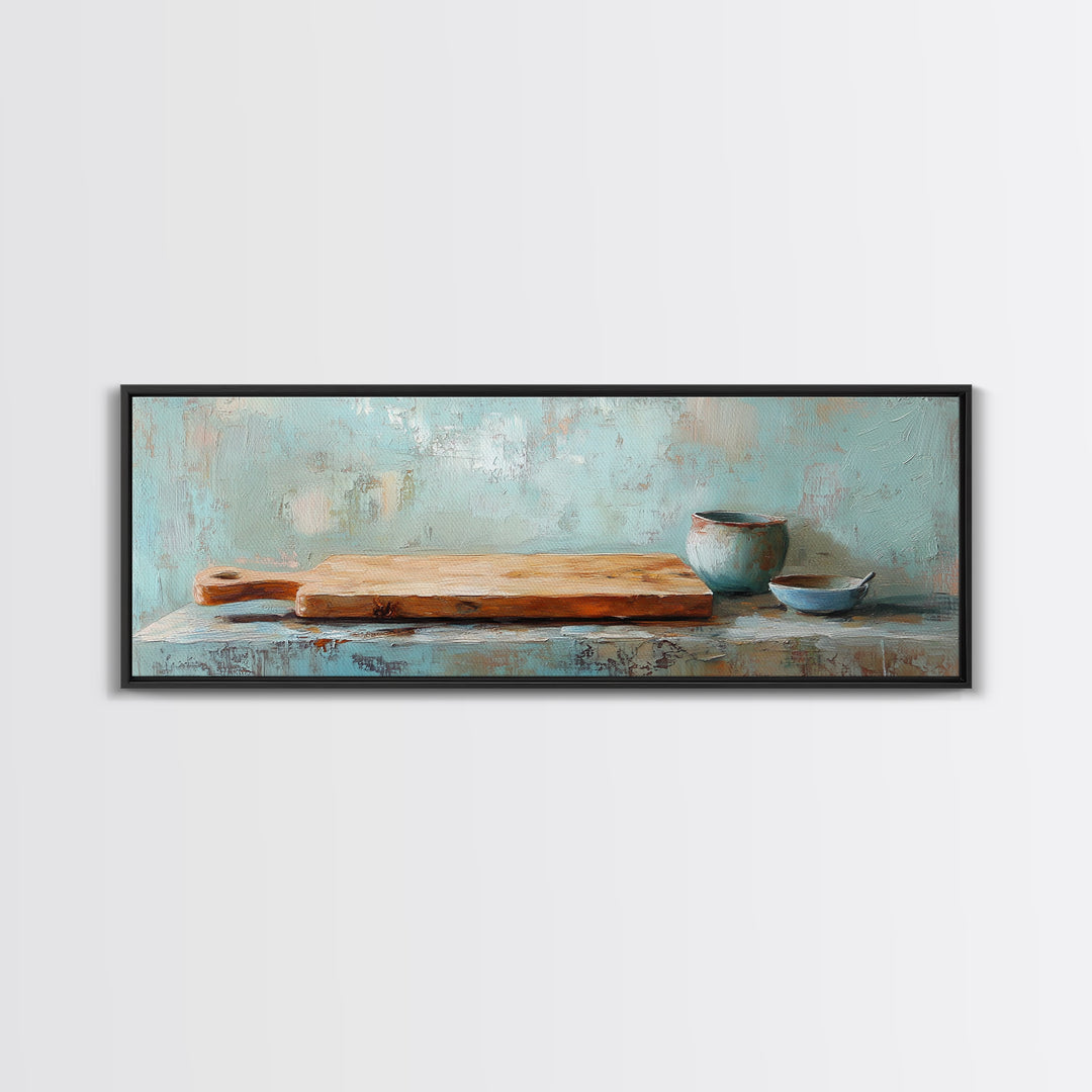Wooden Cutting Board And Blue Pottery Wall Art, Rustic Kitchen Decor, Farmhouse Art Print, Still Life Painting, Home Decor