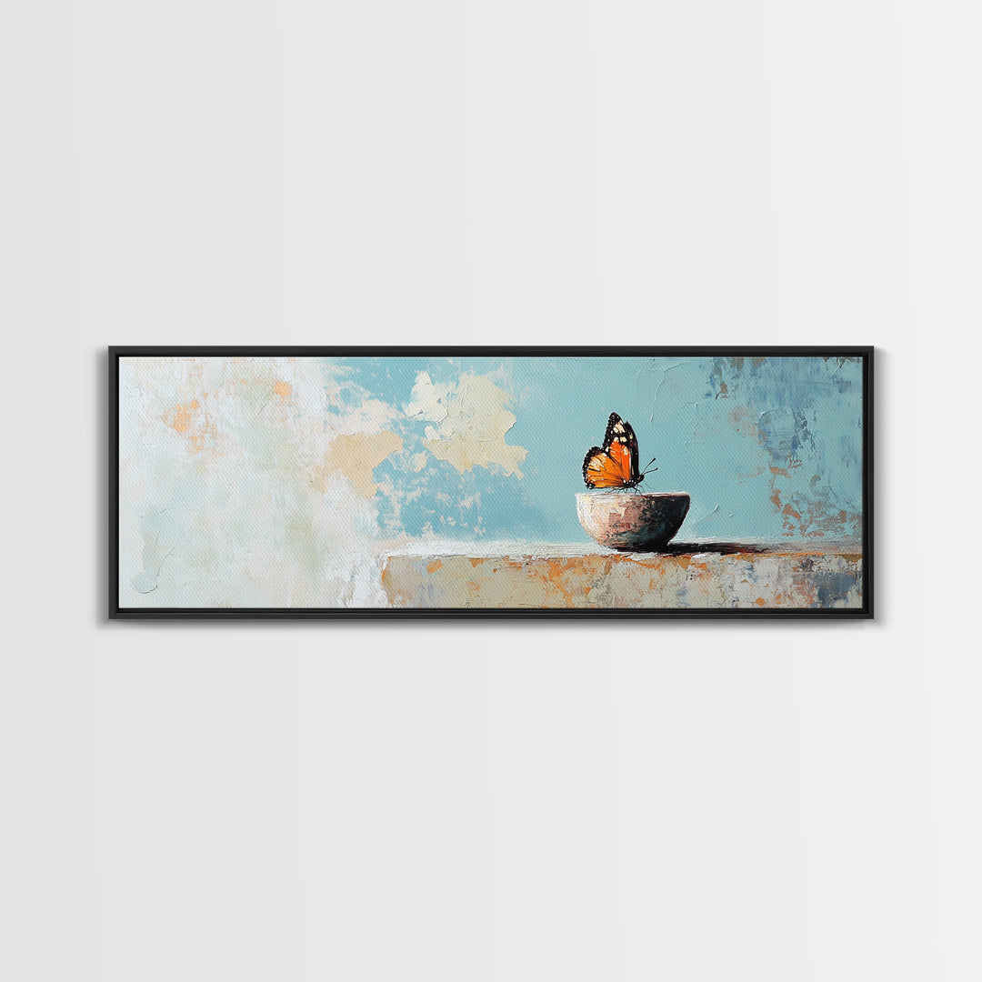 Orange Butterfly In Small Bowl Canvas Print, Blue Abstract Wall Art, Whimsical Animal Art, Modern Kitchen Decor Gift For Her