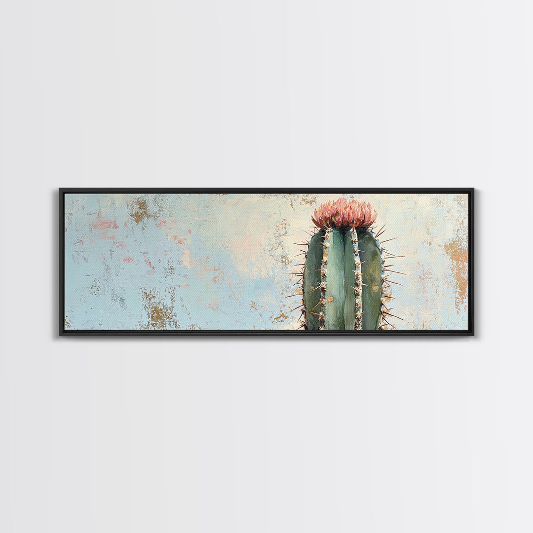 Tall Flowering Cactus Canvas Print, Minimalist Desert Wall Art, Southwestern Botanical Home Decor, Pink Cactus Gift For Her