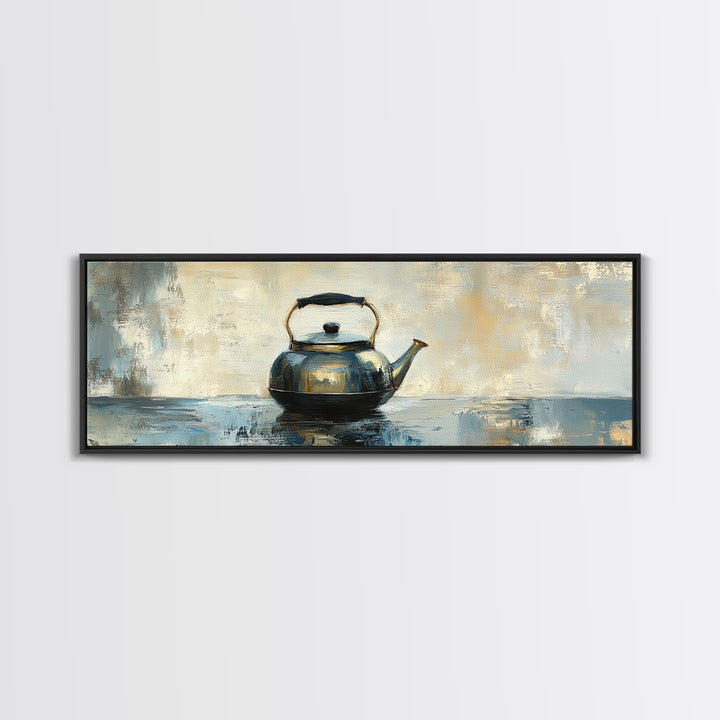 Black Tea Kettle Still Life Canvas Print, Rustic Kitchen Wall Art, Farmhouse Home Decor, Cozy Coffee Bar Gift For Tea Lovers