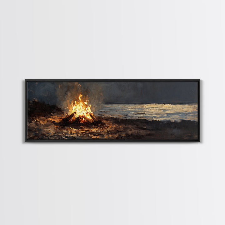Moody Campfire By Dark Shore Wall Art, Rustic Cabin Canvas Print, Night Landscape Living Room Decor, Cozy Masculine Gift For Him