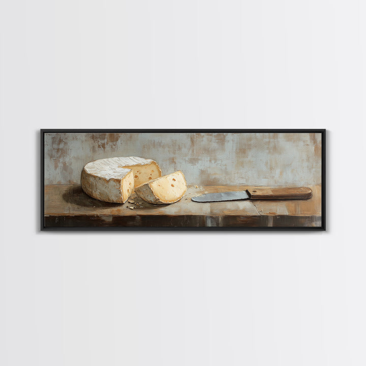 Brie Cheese And Knife Still Life Framed Canvas Print, Rustic Kitchen Wall Art, Farmhouse Dining Room Decor Foodie Gift For Chef