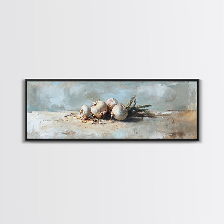 Rustic Garlic Bulbs Still Life Canvas Print, Kitchen Wall Art, Farmhouse Decor, Food Illustration, Culinary Home Decor Gift