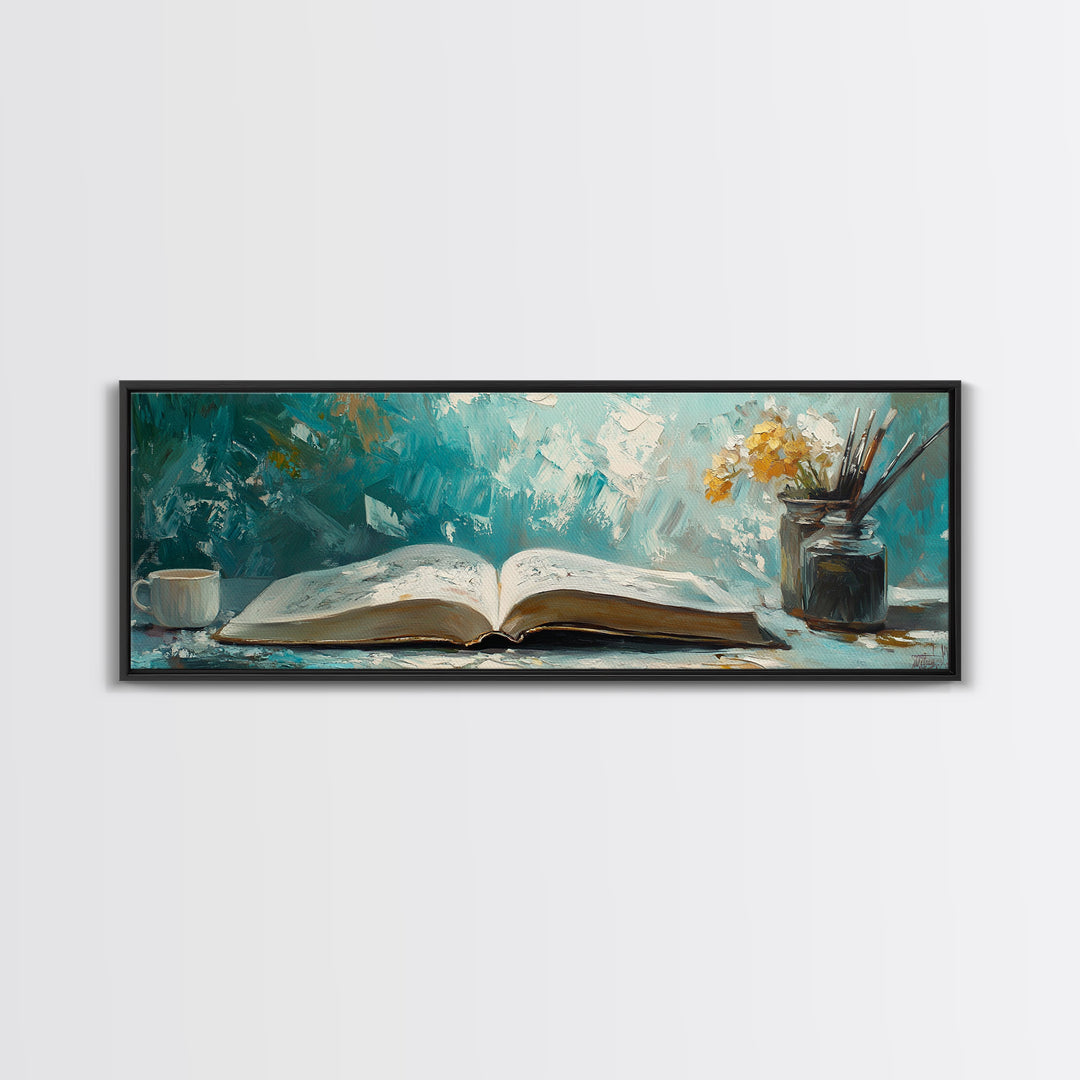 Open Book Still Life Wall Art, Cozy Reading Nook Decor, Library Art Print, Book Lover Gift, Teal Impasto Canvas For Living Room Home Decor