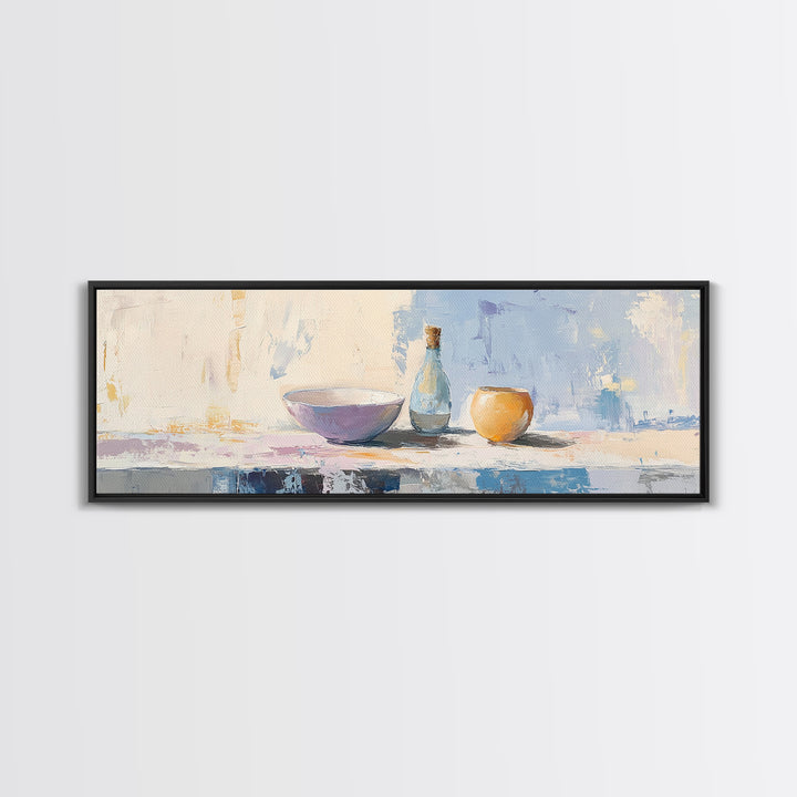 Pastel Bowl Bottle And Orange Canvas Print, Minimalist Kitchen Wall Art, Still Life Painting, Dining Room Decor Gift For Her