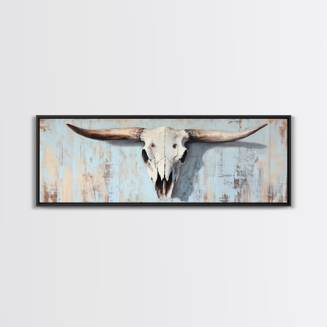 Longhorn Skull On Rustic Blue Wall Art, Western Cowboy Decor, Southwestern Farmhouse, Large Horizontal Ranch Housewarming Gift