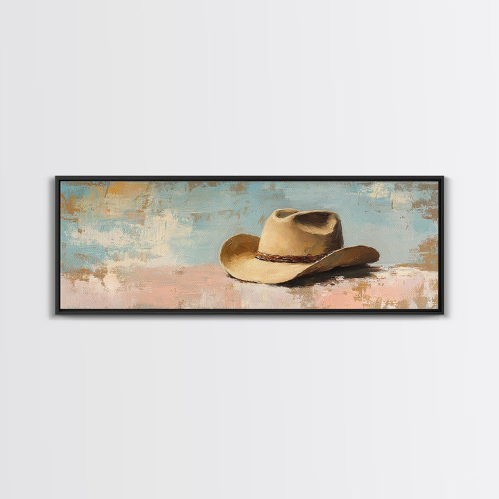 Tan Cowboy Hat On Pastel Blue Canvas Print, Western Wall Art, Rustic Ranch Decor, Southwestern Farmhouse, Neutral Bedroom Decor