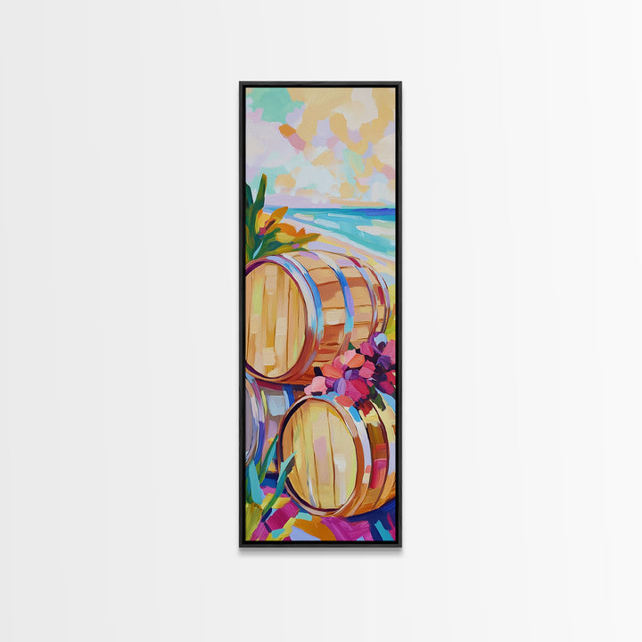 Sunlit Wine Barrels By Turquoise Beach Canvas Print, Coastal Wall Art, Winery Decor, Beach House Decor, Kitchen Art, Dining Room Print