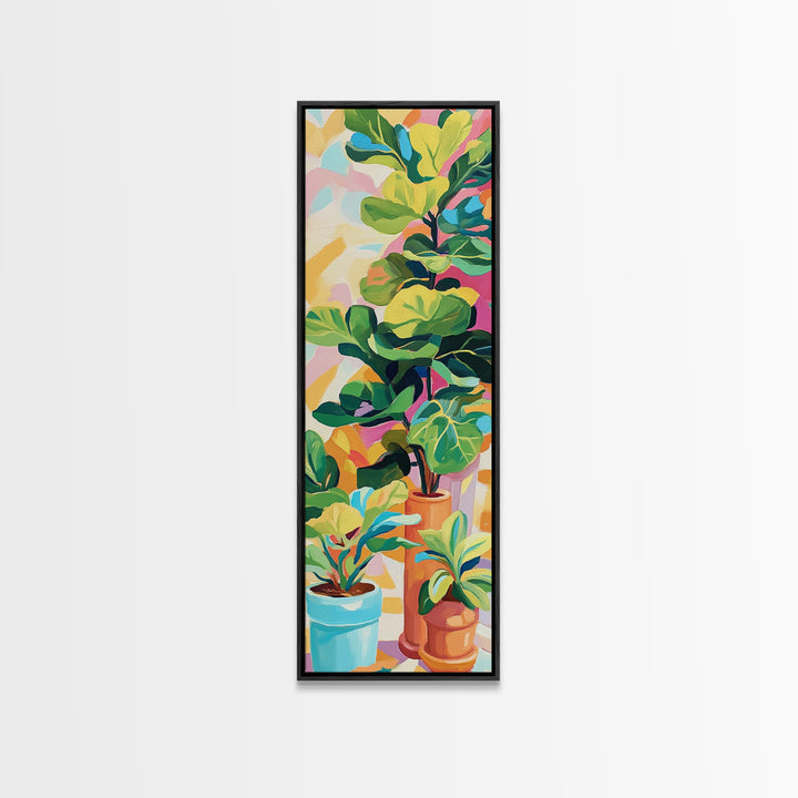 Potted Fiddle Leaf Plants Framed Canvas Print, Botanical Wall Art, Colorful Boho Home Decor, Plant Lover Housewarming Gift