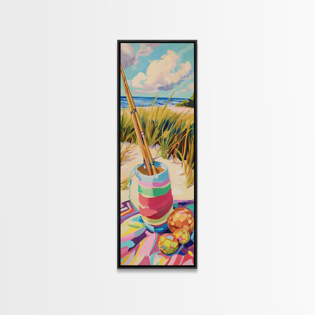 Striped Beach Bucket And Fishing Rods Canvas Print, Coastal Wall Art, Nautical Home Decor, Beach House Gift, Summer Decor