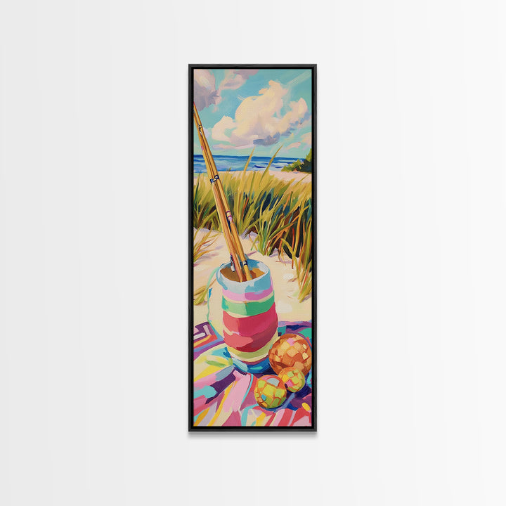 Striped Beach Bucket And Fishing Rods Canvas Print, Coastal Wall Art, Nautical Home Decor, Beach House Gift, Summer Decor