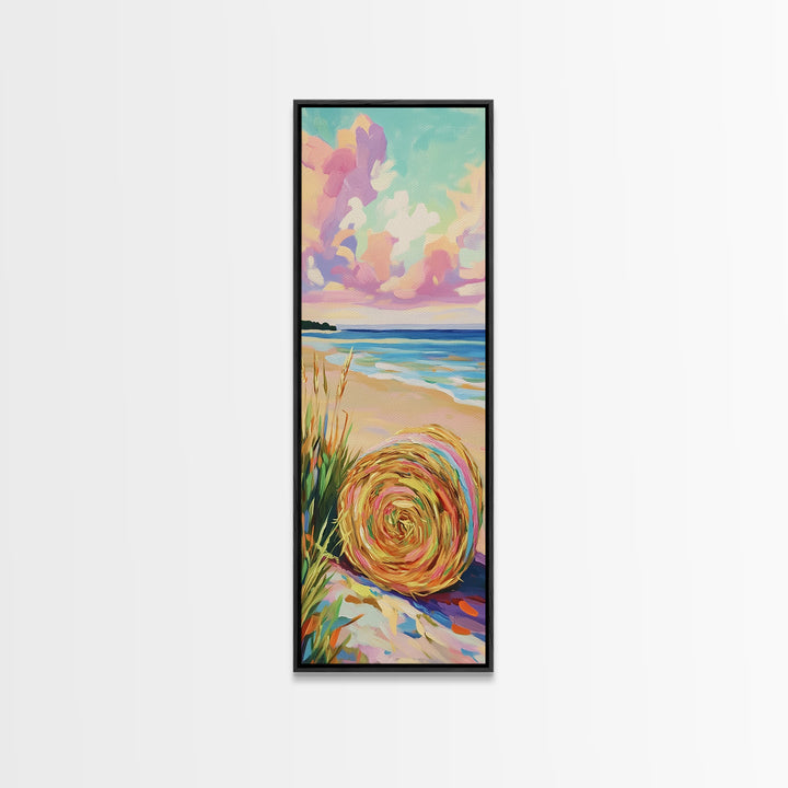 Pastel Beach Hat By The Ocean Canvas Print, Coastal Wall Art, Summer Beach House Decor, Serene Seascape Art Print, Wall Decor