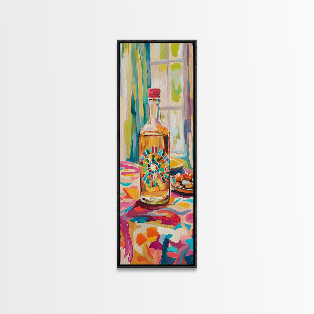 Colorful Tequila Bottle And Citrus Canvas Print, Mediterranean Kitchen Wall Art, Bar Cart Decor, Bright Dining Room Gift