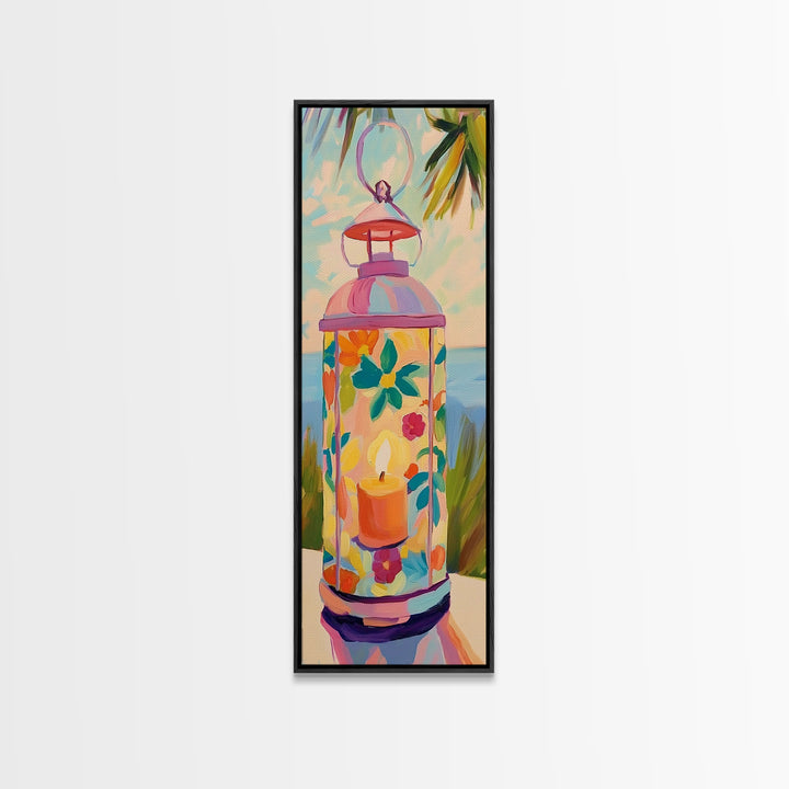 Pink Floral Candle Lantern Canvas Print, Coastal Wall Art, Tropical Beach House Decor, Bright Summer Patio Art For Living Room