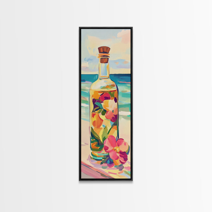 Floral Glass Bottle By Turquoise Sea Wall Art, Coastal Kitchen Decor, Beach House Art Print, Tropical Flowers Canvas Print