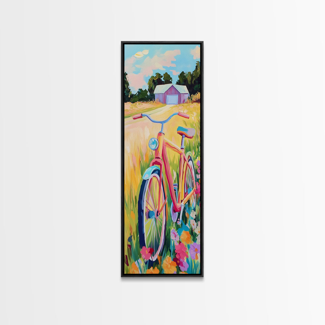 Pink Bicycle In Wildflower Meadow Wall Art, Rustic Country Canvas Print, Farmhouse Decor, Summer Landscape Art Gift For Her