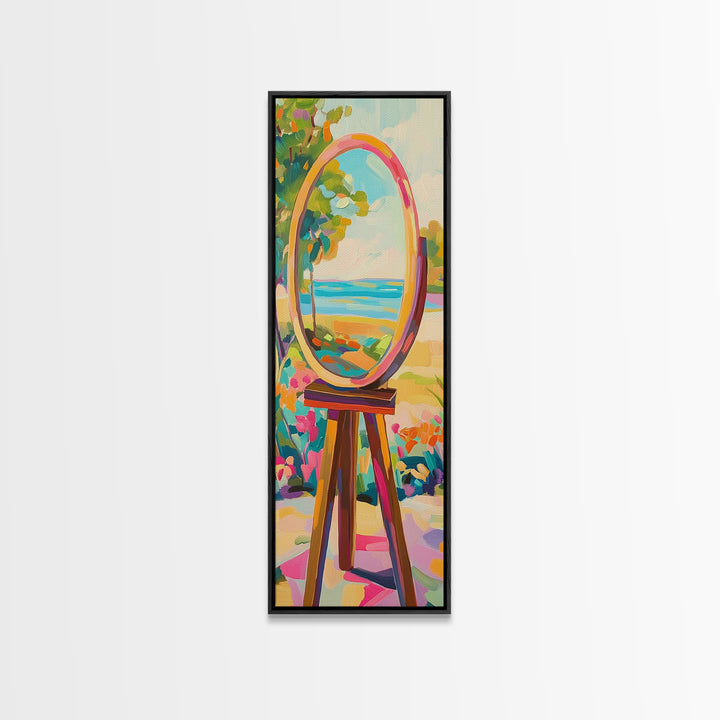 Oval Mirror By The Sea Wall Art, Coastal Garden Canvas Print For Bathroom Decor, Beach House Decor, Feminine Wall Decor, Home Decor