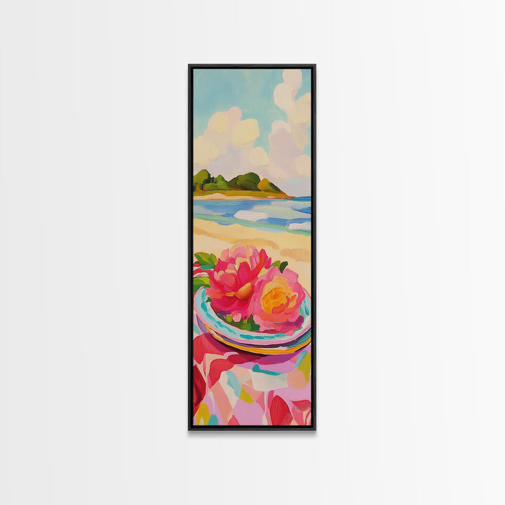 Pink Flowers On Sunny Beach Canvas Print, Coastal Seascape Wall Art, Feminine Summer Decor For Bedroom And Living Room Gift