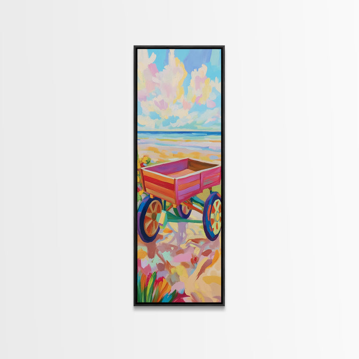 Red Beach Wagon At Shore Canvas Print, Coastal Wall Art, Summer Beach House Room Decor, Nautical Nursery Art, Gift For Kids
