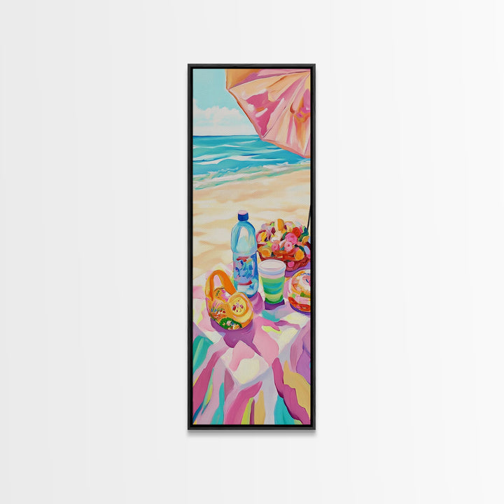 Beach Picnic Under Pink Umbrella Canvas Print, Coastal Wall Art, Colorful Beach House Decor, Summer Kitchen Art Print Gift