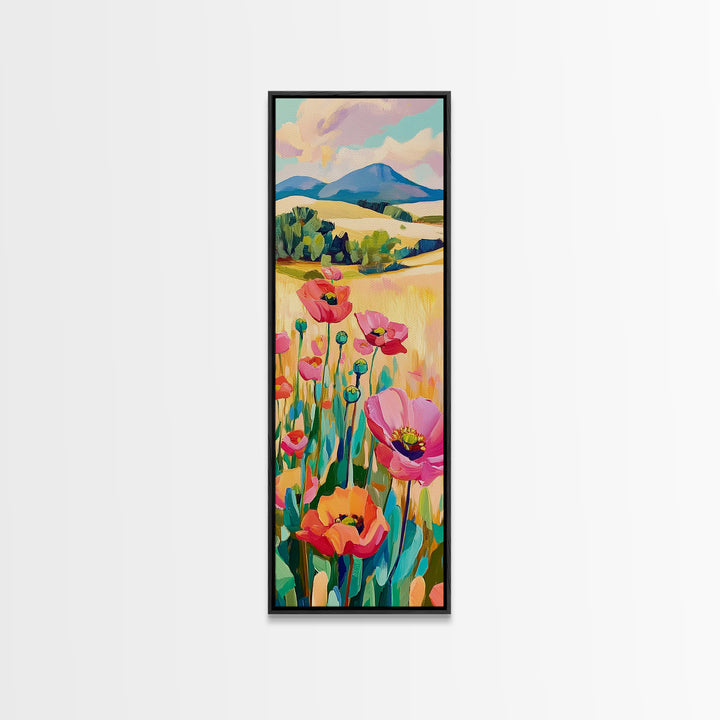 Pink Poppy Field Landscape Wall Art, Colorful Nature Canvas Print, Farmhouse Decor, Mountain Wall Art, Housewarming Gift