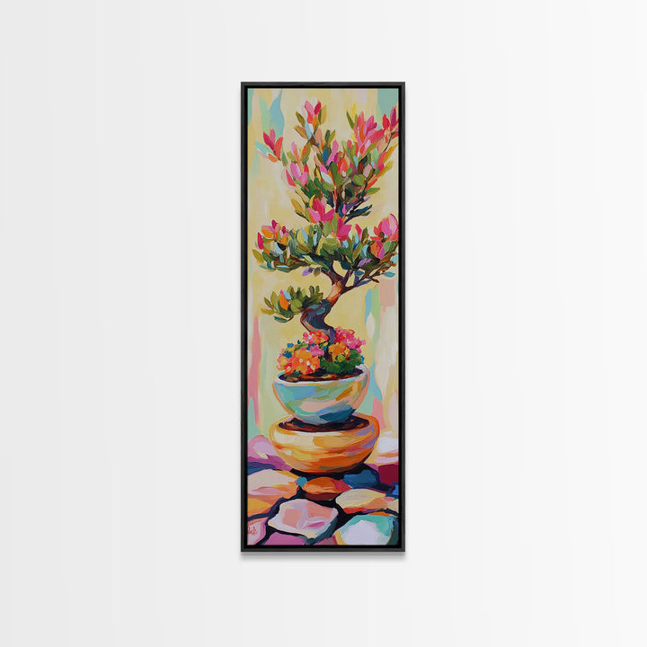 Flowering Bonsai Tree In Teal Pot Framed Canvas Print, Japandi Wall Art, Zen Home Decor, Botanical Decor, Housewarming Gift