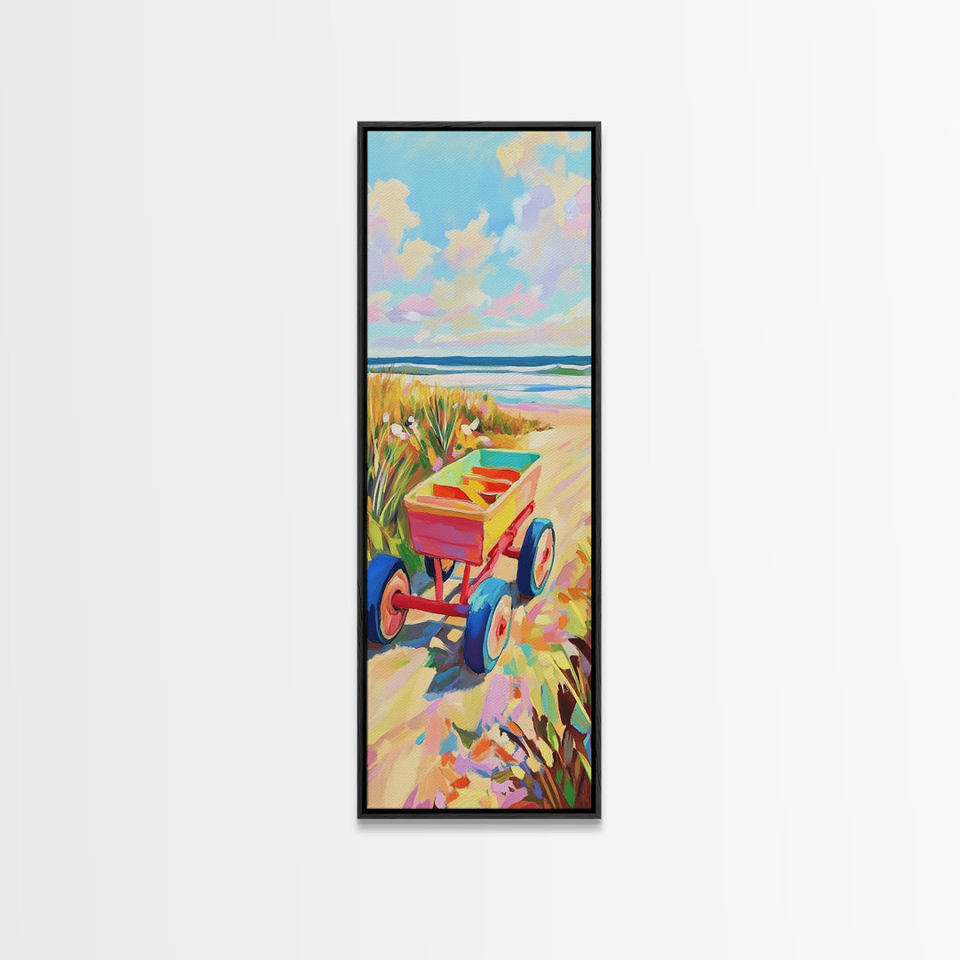 Red Beach Wagon Beside Ocean Dunes Canvas Print, Coastal Wall Art, Summer Beach Decor, Beach House Decor, Housewarming Gift