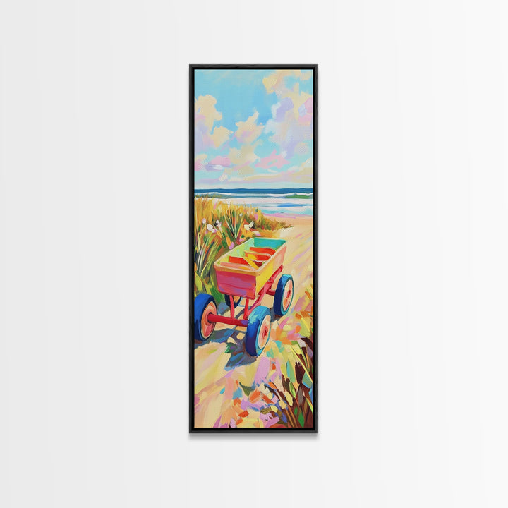 Red Beach Wagon Beside Ocean Dunes Canvas Print, Coastal Wall Art, Summer Beach Decor, Beach House Decor, Housewarming Gift