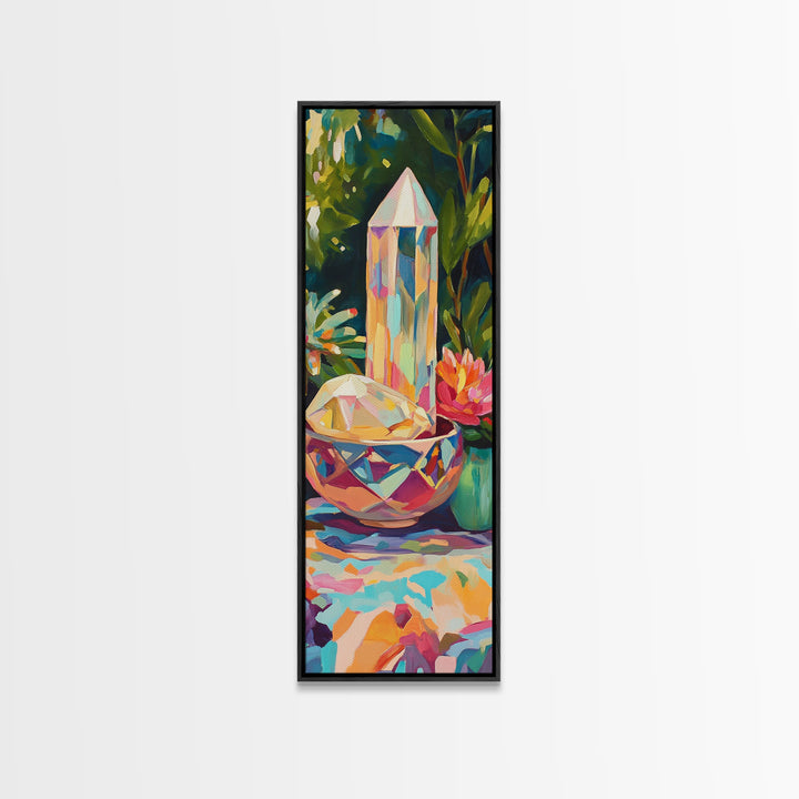 Rainbow Crystal Points With Tropical Flowers Canvas Print, Mystical Wall Art, Boho Home Decor, Meditation Room Decor, Gift