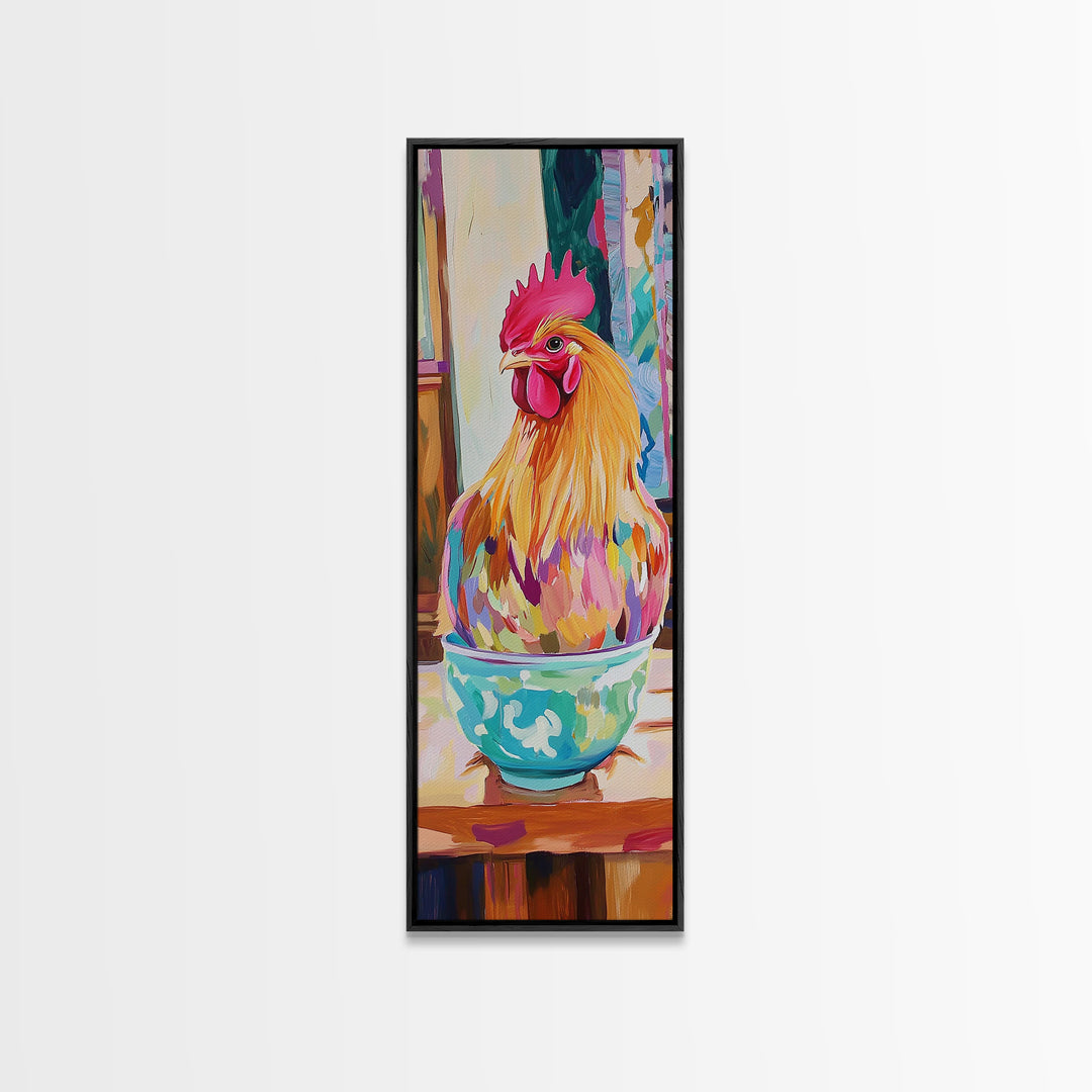 Whimsical Rooster In Teacup Wall Art, Farmhouse Kitchen Canvas Print, Colorful Chicken Decor, Rustic Country Art Gift Idea
