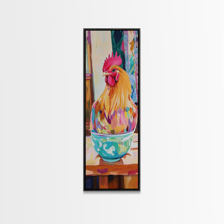 Whimsical Rooster In Teacup Wall Art, Farmhouse Kitchen Canvas Print, Colorful Chicken Decor, Rustic Country Art Gift Idea