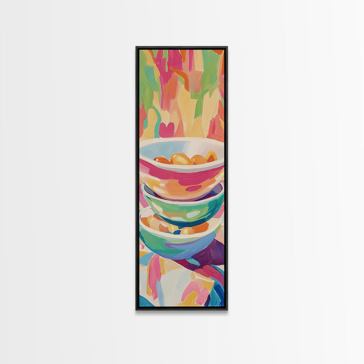 Stacked Colorful Bowls Wall Art, Bright Kitchen Canvas Print, Citrus Still Life Decor, Dopamine Dining Room Art Print Gift