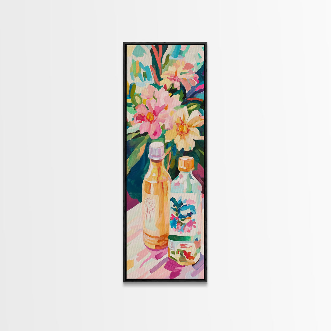 Tropical Flowers And Bottles Wall Art, Colorful Kitchen Canvas Print, Botanical Bar Cart Decor, Summer Dining Room Art Print